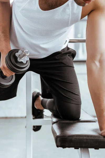 Cropped View Athletic Man Exercising Heavy Dumbbell Gym — Stock Photo, Image