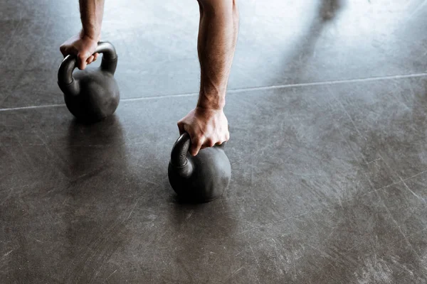 Cropped View Strong Sportsman Doing Plank Exercise Heavy Dumbbells — Stock Photo, Image