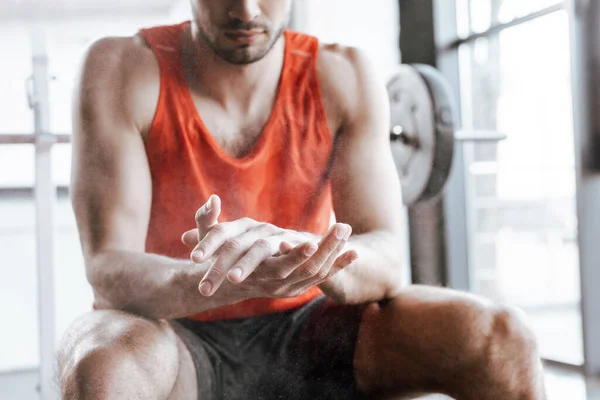 Cropped View Sportsman Clenched Hands White Powder — Stock Photo, Image