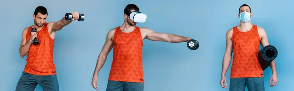 Collage Sportsman Medical Mask Fitness Mat Exercising Dumbbells Virtual Reality — Stock Photo, Image