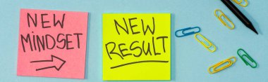 Top view of sticky notes with new mindset and new result lettering with paper clips and pencil on blue, panoramic shot clipart