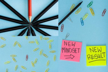 Collage of sticky notes with new mindset and new result lettering with paper clips and pencils on blue clipart