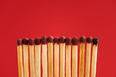 Burned match among another isolated on red clipart