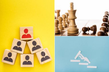 Collage of wooden cubes with painted men, paper man on stairs and king with pawns on chessboard on yellow, blue and white clipart