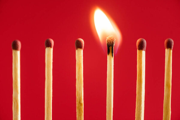 Match with fire among burned matches on red 