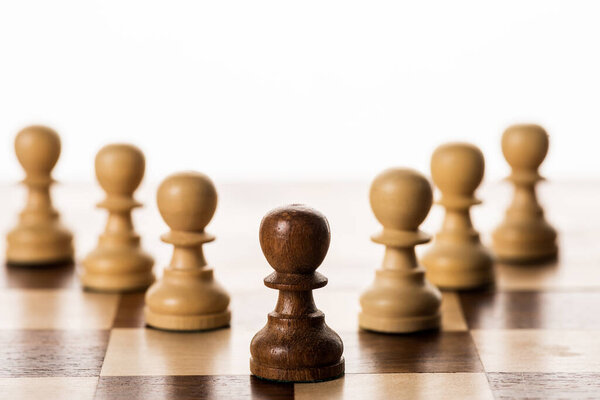 Селективный фокус коричневой пешки среди других на шахматной доске изолированы на белом
