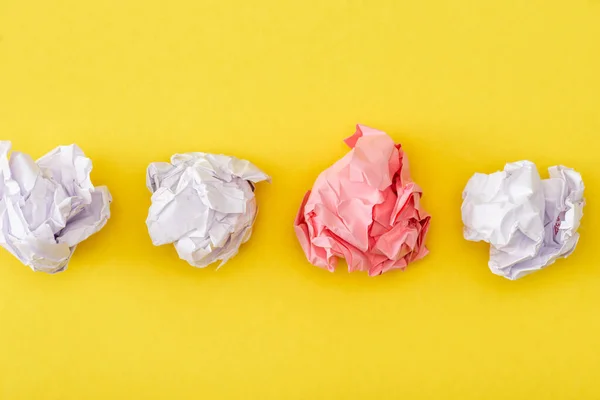 Top View Unique Crumpled Pink Paper White Yellow Background — Stock Photo, Image