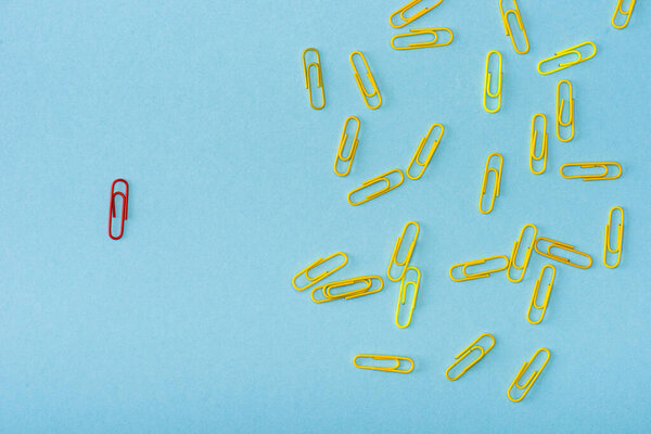 Top view of unique red paper clip among yellow on blue background