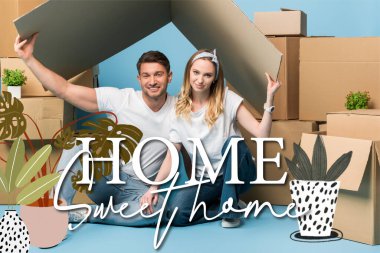 beautiful couple holding carton roof over heads while sitting on blue with cardboard boxes for relocation, home sweet home illustration clipart