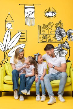 happy parents talking with adorable daughter and son while sitting together on sofa on yellow, interior illustration clipart