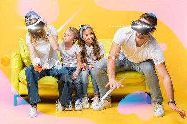 laughing children sitting on sofa with parents in virtual reality headsets on yellow, digital illustration