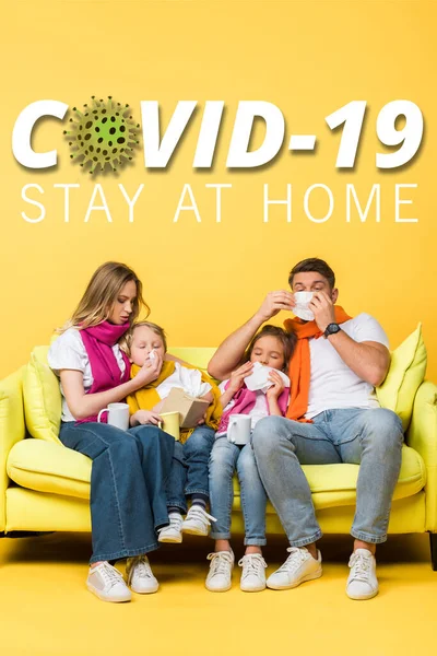 sick family with napkins having runny noses while sitting on sofa on yellow, covid-19 illustration