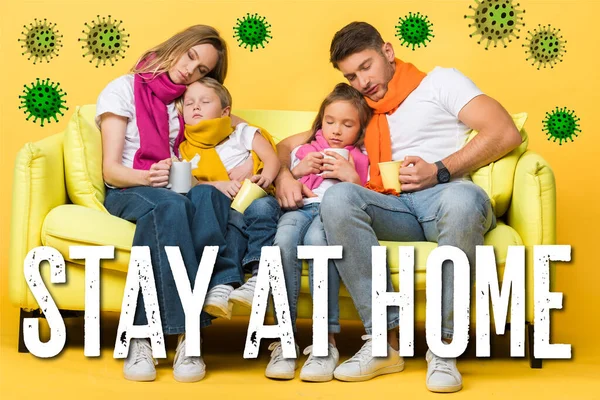 sleepy family having flu with closed eyes while sitting on sofa on yellow, bacteria and stay at home illustration