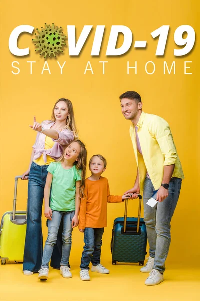 Happy Family Travelers Luggage Passports Tickets Pointing Yellow Covid Illustration — Stock Photo, Image