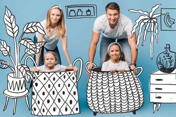 Glimlachende Ouders Met Kinderen Manden Blauw Interieur Illustratie — Stockfoto