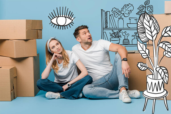 dreamy couple sitting with cardboard boxes for relocation on blue, interior illustration