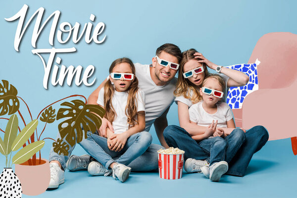 shocked family in 3d glasses watching movie and holding popcorn bucket on blue, movie time illustration
