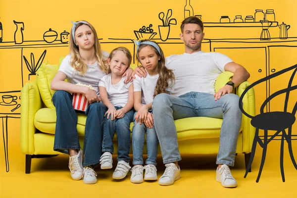 Sad Family Watching Movie Sofa Popcorn Bucket Yellow Kitchen Interior — Stock Photo, Image