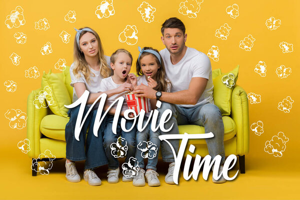 surprised family watching movie on sofa with popcorn bucket on yellow, movie time and popcorn illustration