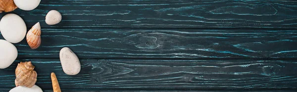 Panoramic Shot Top View Pebbles Seashells Dark Wooden Surface — Stock Photo, Image