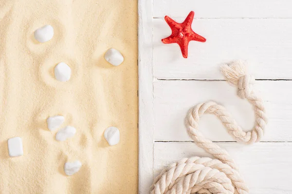 Top View Red Starfish Rope White Wooden Planks Sea Stones — Stock Photo, Image