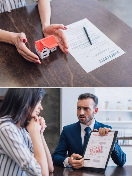 Collage of female hands near house model, pen and document on table and collector pointing at documents and looking at woman 