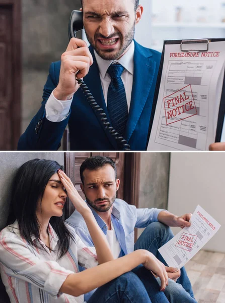 Collage Stressed Woman Husband Holding Paper Floor Angry Collector Handset — Stock Photo, Image