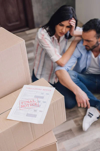 High Angle View Document Foreclosure Final Notice Lettering Boxes Upset — Stock Photo, Image