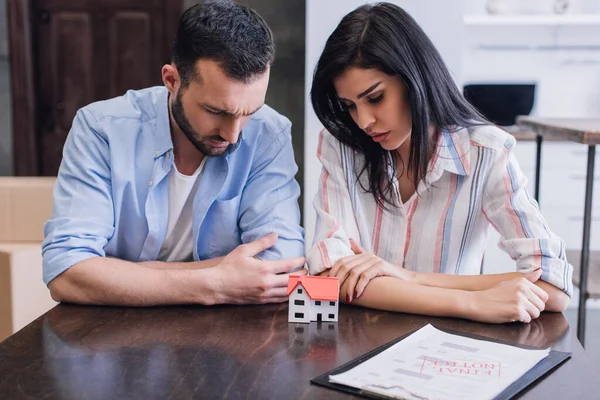 Upset Bankrupts Looking House Model Documents Table Room — Stock Photo, Image