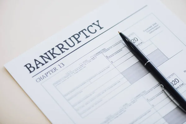 High Angle View Pen Document Bankruptcy Chapter Lettering White — Stock Photo, Image