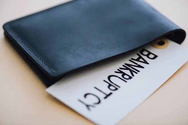 Bolsa Preta Cartão Com Letras Falência Branco — Fotografia de Stock