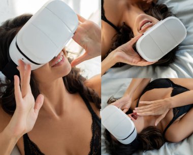 Collage of sexy woman with open mouth lying on bed and smiling with virtual reality headset in bedroom clipart