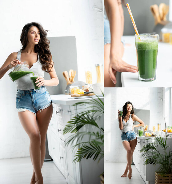 Collage of woman with hand on hip pouring smoothie in glass, smiling and looking away near table in kitchen