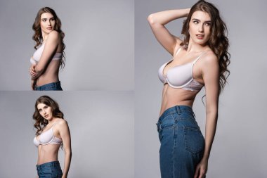 Gri üzerinde duran iç çamaşırlı ve kot pantolonlu baştan çıkarıcı kızın kolajı. 