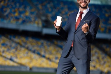 cropped view of smiling young businessman in suit holding smartphone with blank screen and showing yes gesture at stadium clipart