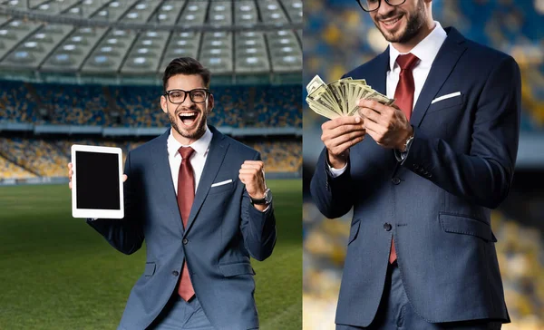 Collage Alegre Joven Hombre Negocios Traje Gafas Sosteniendo Tableta Digital — Foto de Stock