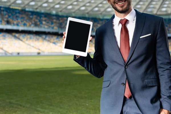 Cropped View Smiling Young Businessman Suit Holding Digital Tablet Blank — Stock Photo, Image