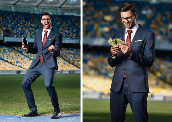 Collage Excitado Joven Hombre Negocios Traje Gafas Celebración Teléfono Inteligente —  Fotos de Stock