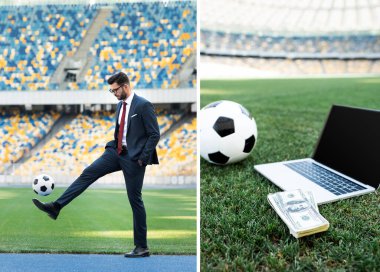 Futbol topuyla oynayan takım elbiseli ve gözlüklü genç işadamlarının kolajı, stadyumdaki çimlerde top ve parayla oynayan dizüstü bilgisayar.