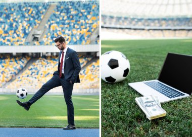 collage of young businessman in suit and glasses playing with soccer ball, laptop with ball and money on grass at stadium clipart