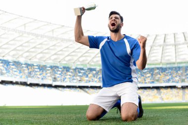 Futbol sahasında dizlerinin üzerine çöküp stadyuma bağıran mavi beyaz formalı profesyonel futbolcu.