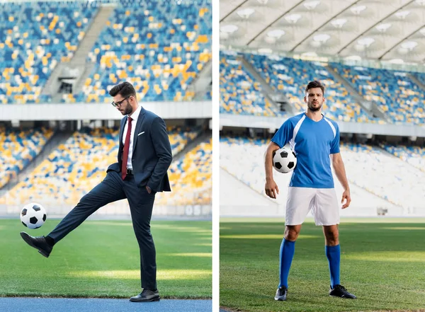 Collage Joven Hombre Negocios Traje Jugador Fútbol Con Balón Fútbol — Foto de Stock