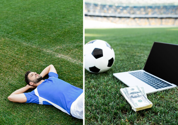 collage of professional soccer player in blue and white uniform lying  on football pitch, laptop, money and ball at stadium