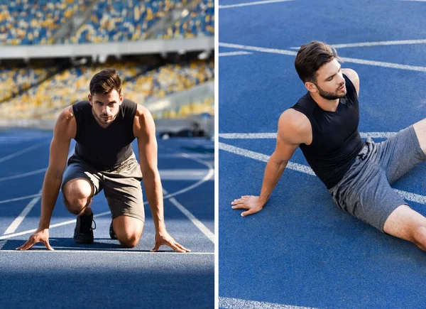 collage of handsome runner in start position and resting on running track at stadium