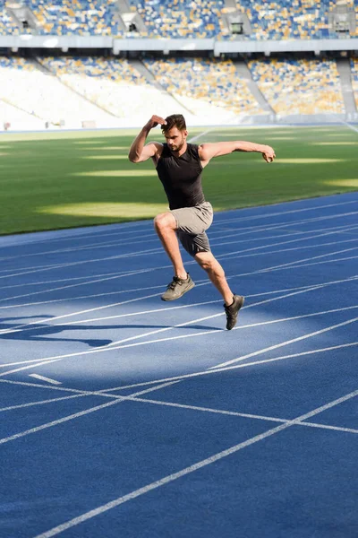 Fast Handsome Runner Exercising Running Track Stadium — Stock Photo, Image