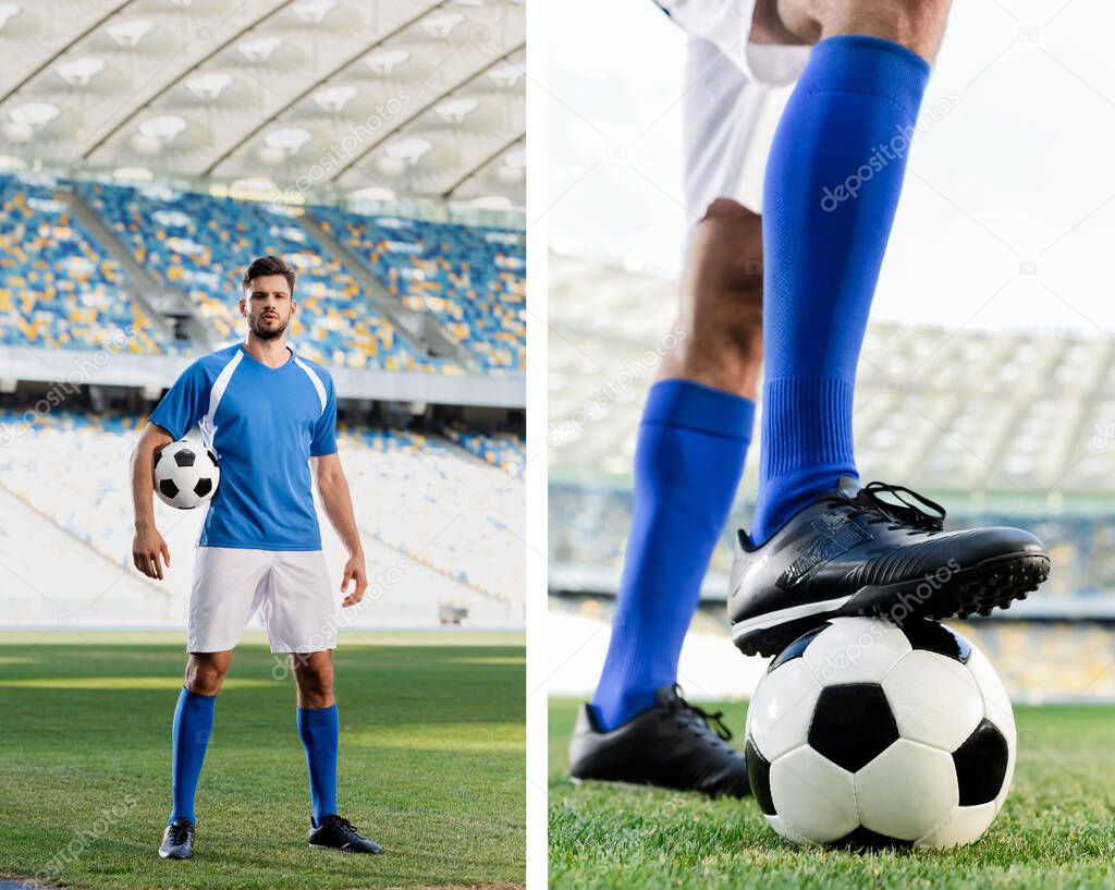 collage of professional soccer player in blue and white uniform and male legs in soccer shoes on ball on football pitch at stadium