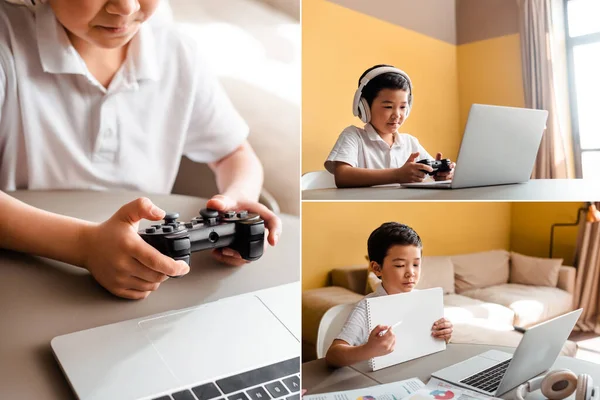 Kyiv Ukraine April 2020 Collage Asian Boy Studying Online Playing — Stock Photo, Image