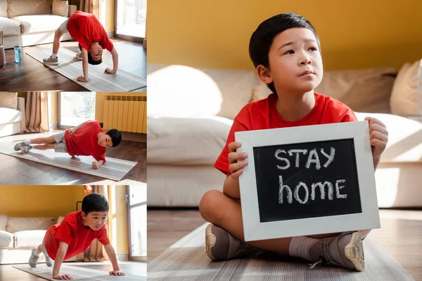 Collage Sportive Asian Boy Exercising Holding Board Stay Home Lettering — Stock Photo, Image
