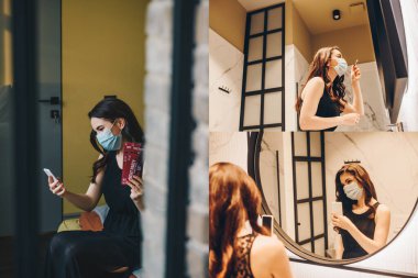 Tıbbi maskeli, elinde kozmetik fırça ve biletlerle fotoğraf çeken ve evde akıllı telefon kullanan bir kız kolajı. 