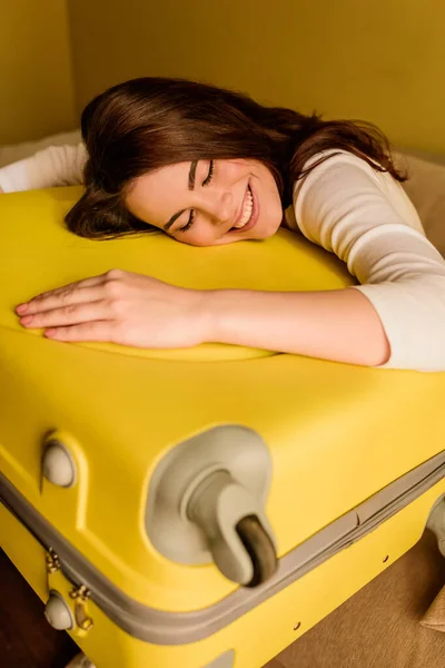 Cheerful Young Woman Lying Luggage End Quarantine Concept — Stock Photo, Image